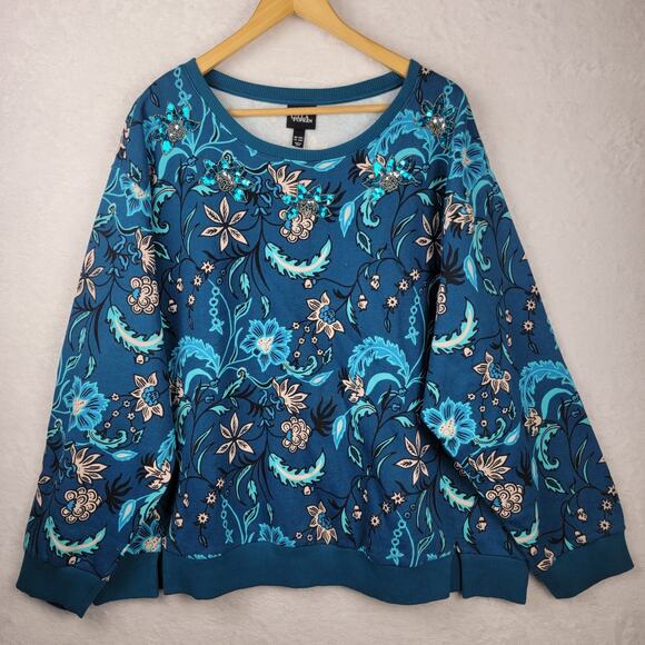 Ulla Popken Plus Size 20 22 Sweatshirts Teal Sequins Floral Oversize Top Casual - Picture 1 of 11